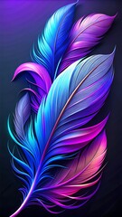 Obraz premium Abstract Blue neon glowing digital feather on a dark background