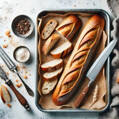  French broken bread baguette in steel tray isolated on white background. top view