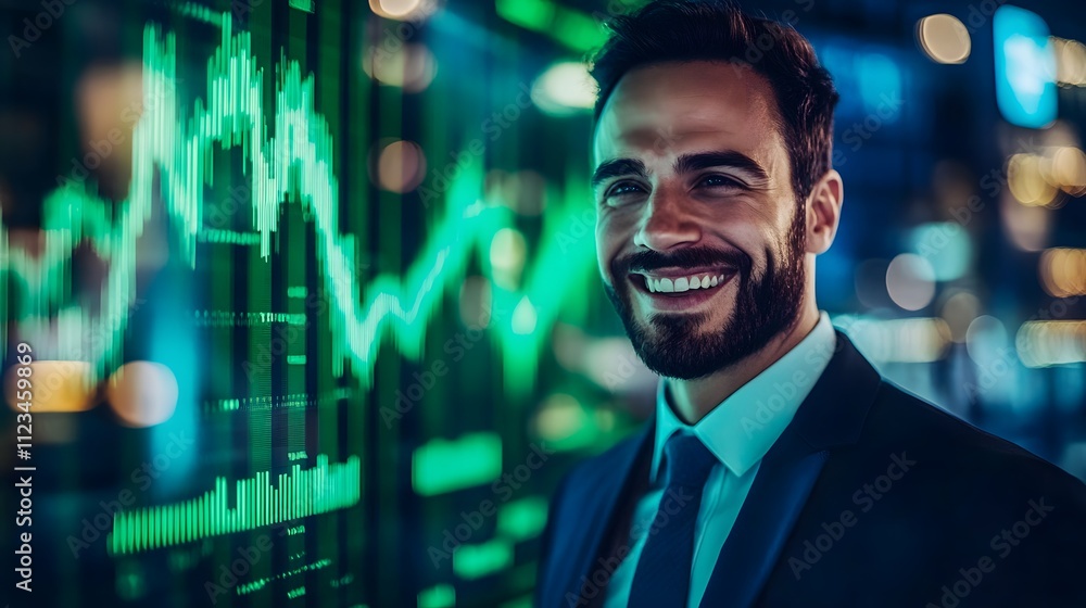 Aufkleber smiling businessman in suit standing in front of glowing stock market data displaying financial grap