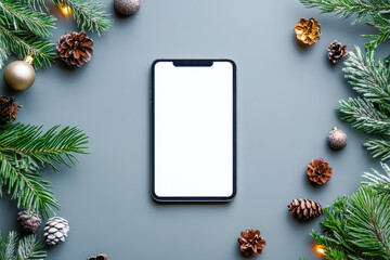 Digital phone mock up with Christmas decorations for app presentation with empty space for you design. Christmas online shopping concept.	