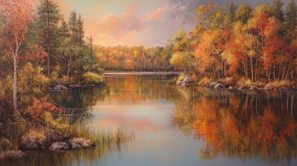 Tranquil Autumn Reflections, a serene lake mirrors vibrant fall colors, celebrating the beauty of seasonal change and the soothing essence of nature's peace.