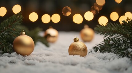 Golden christmas ornaments on snowy surface