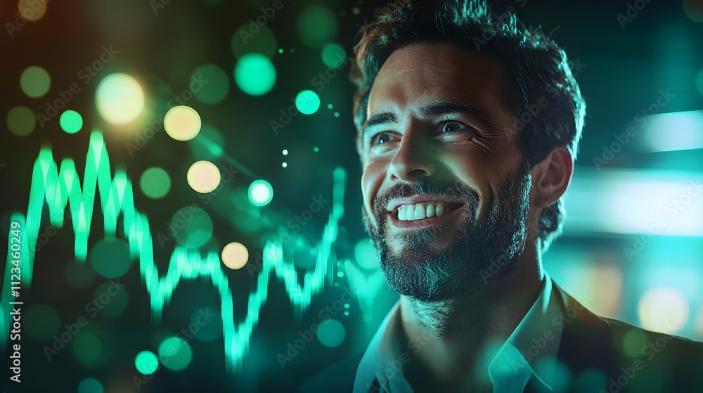 Poster Dynamic portrait of a cheerful businessman against a backdrop of glowing data visualization, showcasing positivity in finance and technology environments.