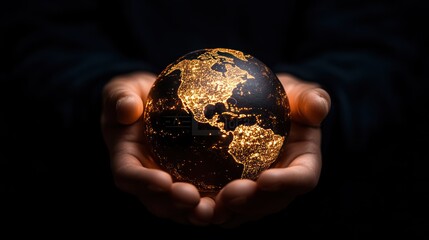 Fototapeta premium Global Responsibility: Illuminated Globe Held by Hand with City Lights Signifying Technological Progress