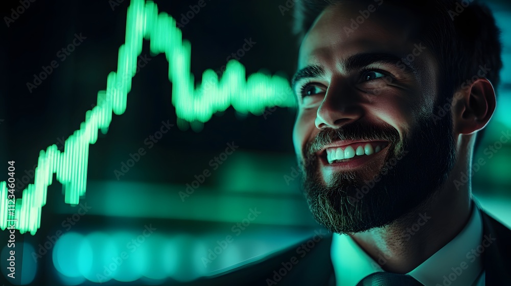 Poster confident businessman with beard smiling in an office with digital screen showing stock market trend