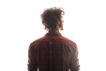 A young man with tousled hair wearing a plaid shirt, seen from the back against a white background, conveying contemplation and casual style.