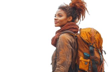 A young woman with a backpack, smiling, enjoying the outdoors. Perfect for travel and adventure themes.