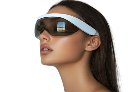 A young woman wearing futuristic sunglasses, looking thoughtfully to the side against a transparent background.