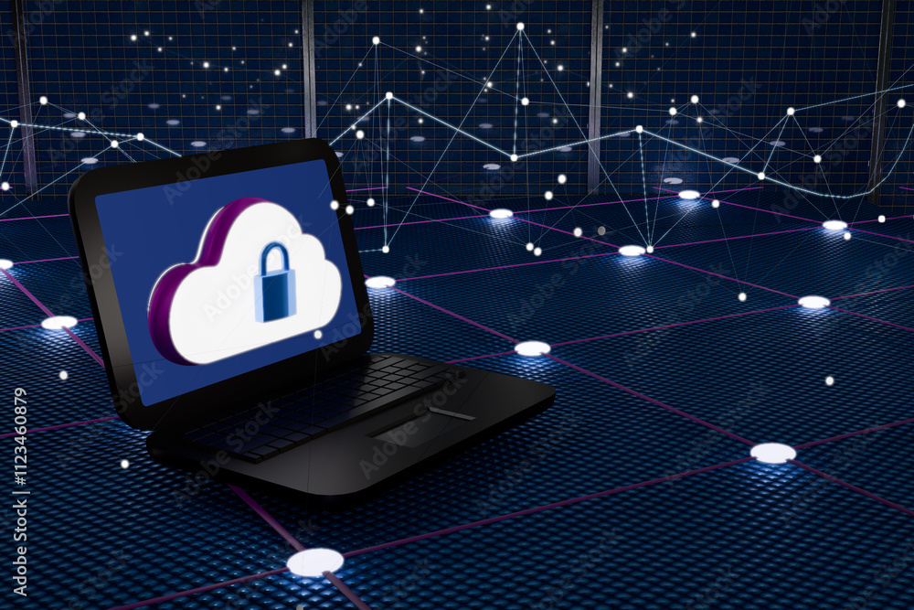 Poster a laptop displaying a cloud security icon on a digital network background. 3d rendering
