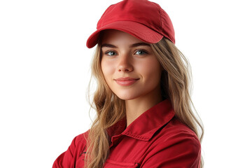 A young woman with long blonde hair and a friendly smile, wearing a red cap and matching outfit, poses confidently against a white background.