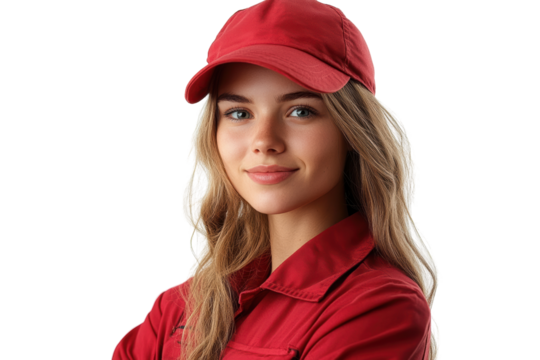 A young woman with long blonde hair and a friendly smile, wearing a red cap and matching outfit, poses confidently against a white background.