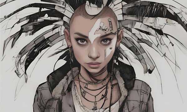 Futuristic Portrait of a Girl with Abstract Headdress and Face Paint