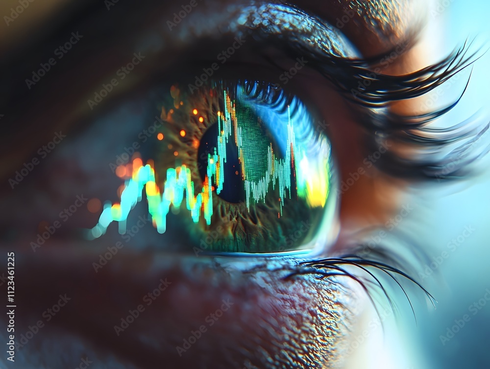 Poster close-up of an eye reflecting stock market trends with colorful candlestick patterns signifying fina