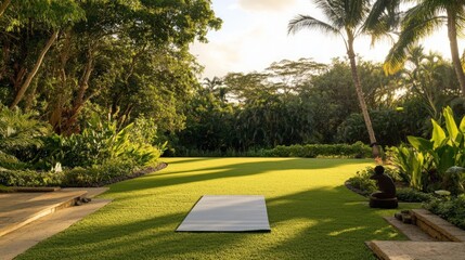 Obraz premium Tranquil Meditation Haven, a peaceful outdoor retreat with a yoga mat on lush green grass, embraced by vibrant trees and tropical plants, fostering mindfulness and serenity.