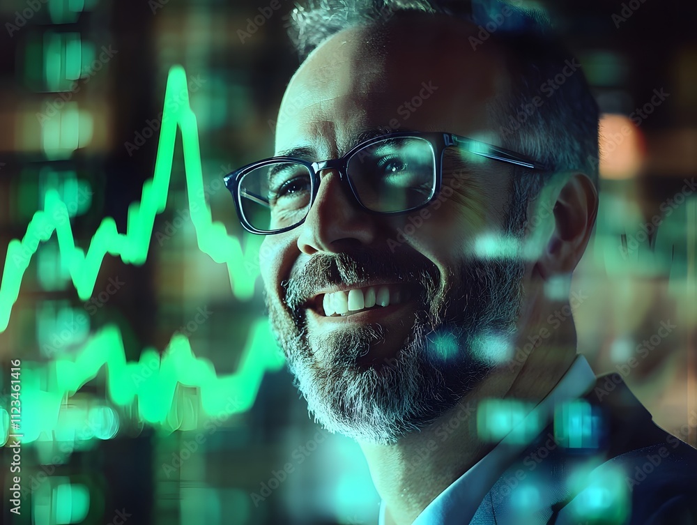 Poster businessman with glasses smiling confidently against financial background featuring stock market tre