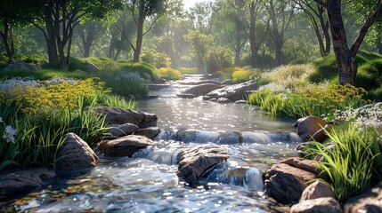 A stream flows through a forest adorned with vibrant flowers in springtime.
