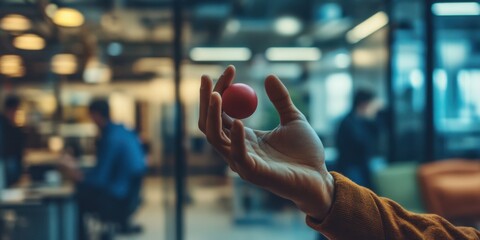 A close-up of fingers anxiously fidgeting with a small object, such as a stress ball, set against a blurred background of a busy office environment"