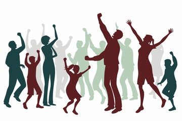 Dancing Crowd - People celebrating with raised hands and lively poses vector silhouette on white background