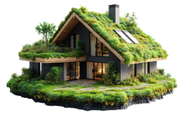 An eco-friendly house adorned with lush greenery, showcasing sustainable architecture and harmonizing with nature on a sunny day.
