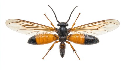 Fototapeta premium Sharp Focus on Full-Sized Flying Wasp with Detailed Wings and Body, Isolated on Pure White Background