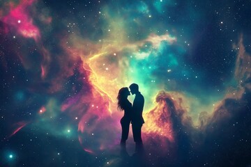 Fototapeta premium Romantic silhouettes against a vibrant cosmic backdrop create a dreamlike atmosphere for lovers