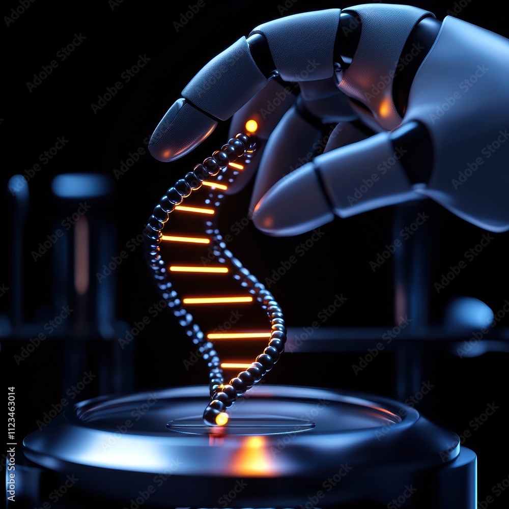 Poster a robotic hand manipulates a glowing dna helix in a futuristic lab setting, highlighting the interse
