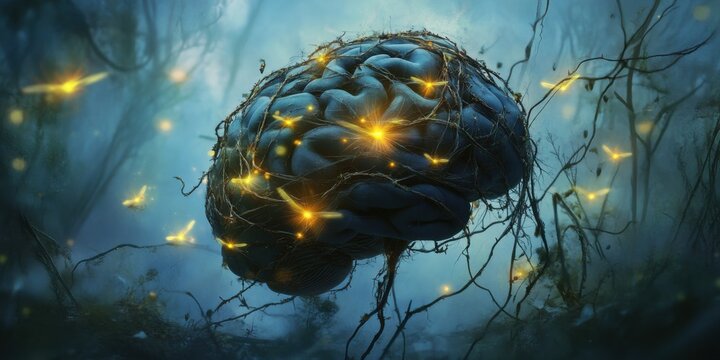 A conceptual image of a brain tangled in thorny vines, symbolizing anxiety, with glowing fireflies suggesting moments of clarity and hope"