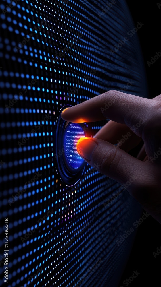 Poster a hand presses a glowing blue and orange button on a textured, illuminated surface, creating a strik