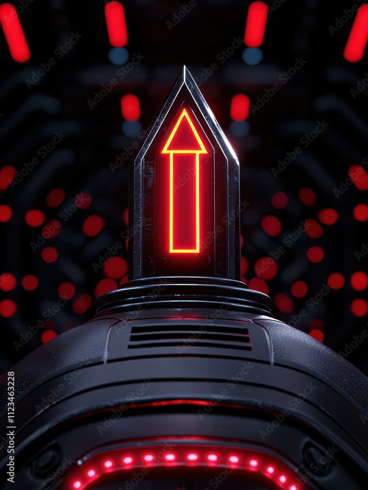 Poster a futuristic object featuring a glowing red arrow, surrounded by intricate patterns and lights, sugg