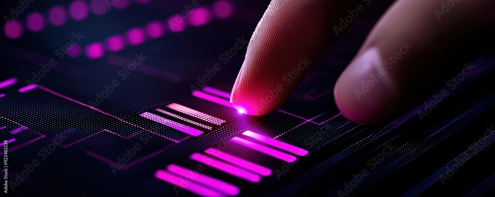 Poster a finger touches a glowing interface with vibrant pink elements, suggesting interaction with technol