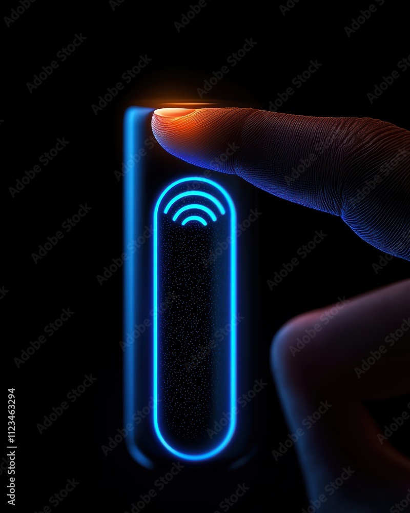 Poster a glowing blue button is being pressed by a finger, symbolizing technology and interaction in a dark
