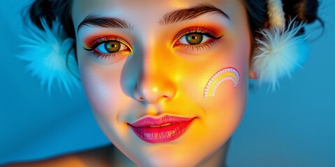 Fototapeta premium Close-up Portrait of a Young Woman with Vibrant Makeup and Winter Accessories