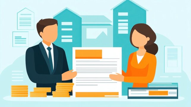 Business professionals discussing contract in modern office environment.