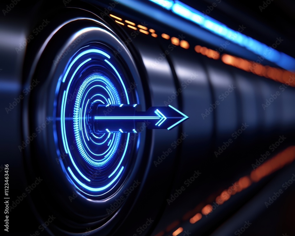 Poster a futuristic design featuring glowing blue circular patterns and an arrow, suggesting motion and tec