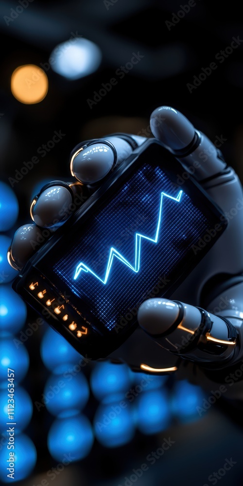 Poster a futuristic robotic hand holds a device displaying a blue waveform against a dark background, sugge