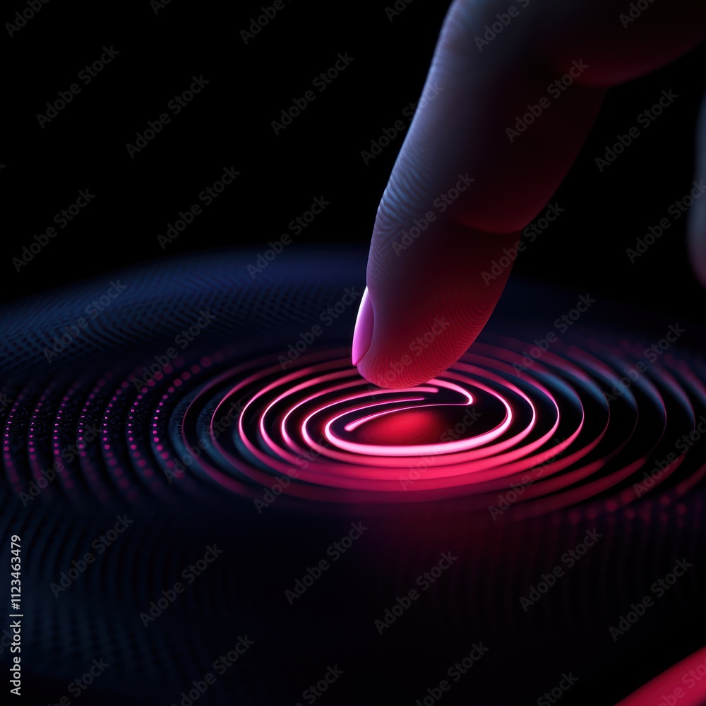 Poster a close-up of a finger touching a surface, creating vibrant ripples of light in shades of red and bl