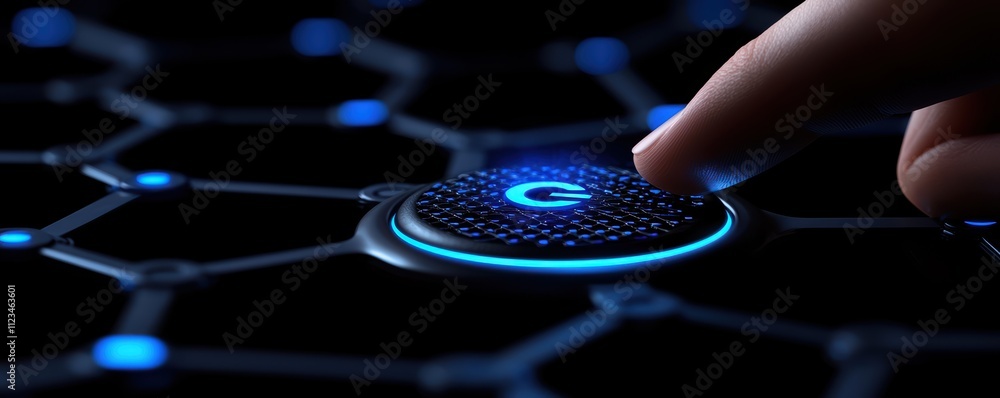 Poster a close-up image of a finger about to press a glowing button on a futuristic, hexagonal interface wi