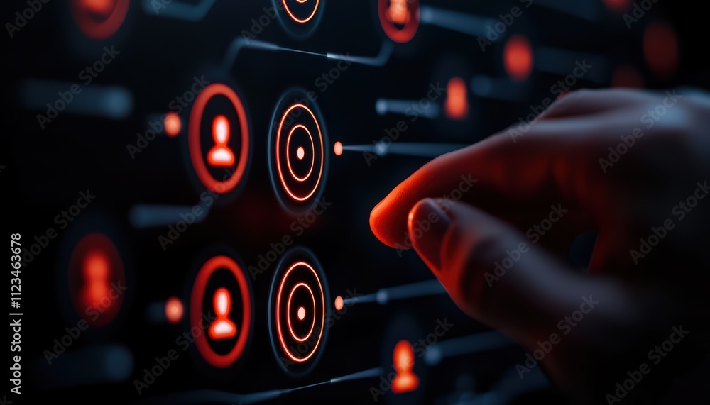 Poster a hand interacts with a glowing, digital interface featuring user icons and connections, emphasizing