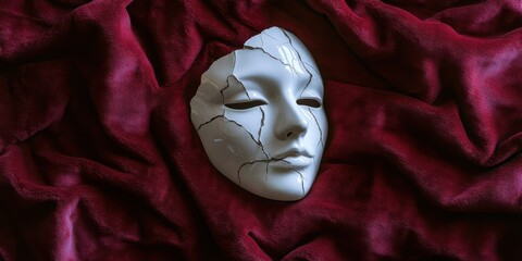 A cracked porcelain mask lying on a velvet surface, symbolizing fragility and the hidden struggles of identity"