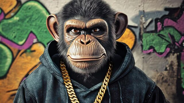 Chimpanzee rapper posing with gold chain