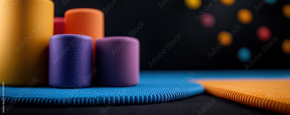 Poster a colorful, abstract arrangement of cylindrical shapes and textured mats on a dark background, creat
