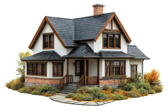 Charming suburban house with beautiful landscaping, featuring a gable roof and wooden accents, ideal for real estate and home design themes.