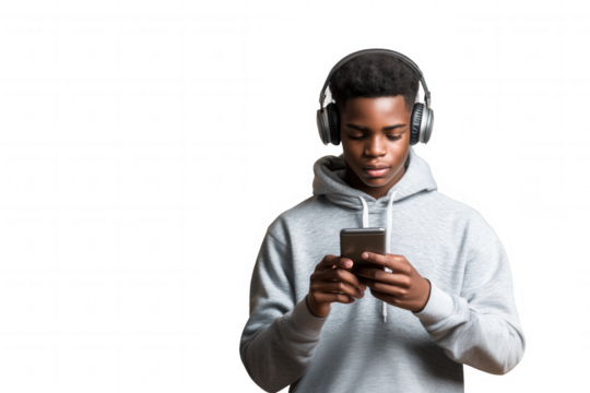Isolated on a transparent background. African teen listening to music on headphones and using smartphone.