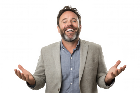 Isolated on a transparent background. Cheerful caucasian male adult with beard in grey blazer and blue shirt smiling.