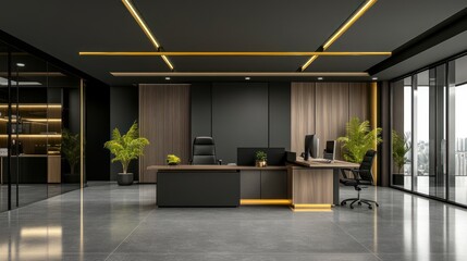 Obraz premium Blurred Contemporary Workspace with Spacious Desks and Expansive Windows