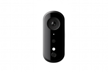 Isolated on a transparent background. Sleek black smart doorbell camera with motion sensor and night vision.