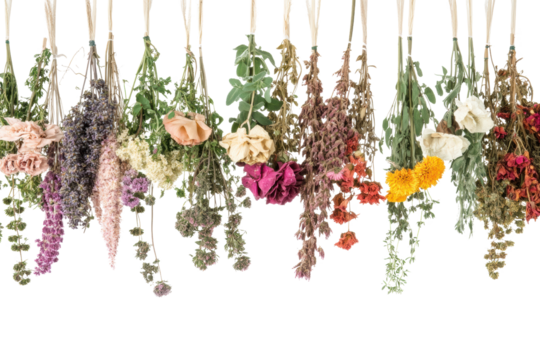 Colorful, dried flowers hanging upside down, showcasing their natural beauty and texture, with a white isolated background.
