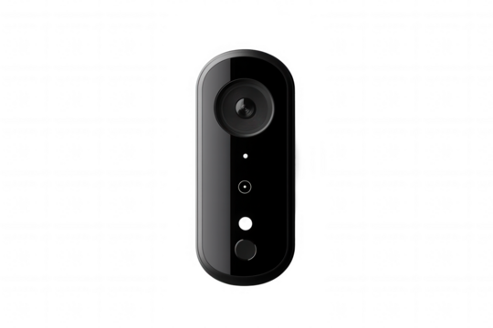 Isolated on a transparent background. Sleek black smart doorbell camera with motion sensor and night vision.