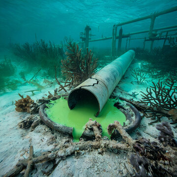 Toxic Waste Pollution leaking pipe underwater or dumped into ocean water river pond or lake concept green chemical sludge damaging habitat ecosystem