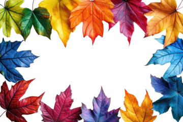Colorful autumn leaves arranged in a circular frame, vibrant hues of red, orange, yellow, and blue against a transparent background.